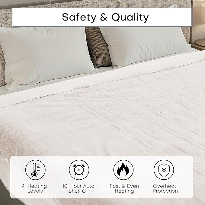 Electric Heated Blanket Full Size 72"x84" - Dual-Sided with Microplush & Sherpa Fabric, 4 Heat Settings & 10 Hours Auto Off, Machine Washable - Lvory