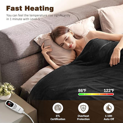 Electric Blanket King with Dual Control-100x90 Soft Double-Sided Flannel Heating Blanket, 9 Heat Levels & 10 Hours Timer Heated Throw, Machine Washable, Gift for Mom Dad - Black