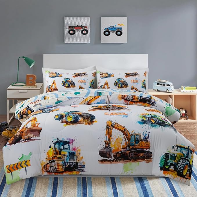 Holawakaka Trucks Tractors Cars Boy Bedding Comforter Set with Sheets, Full Size Cartoon Construction Car Excavator Print Kids Bed in A Bag 5-Piece, Boys Reversible Dorm Bed Sets (Multi Full)