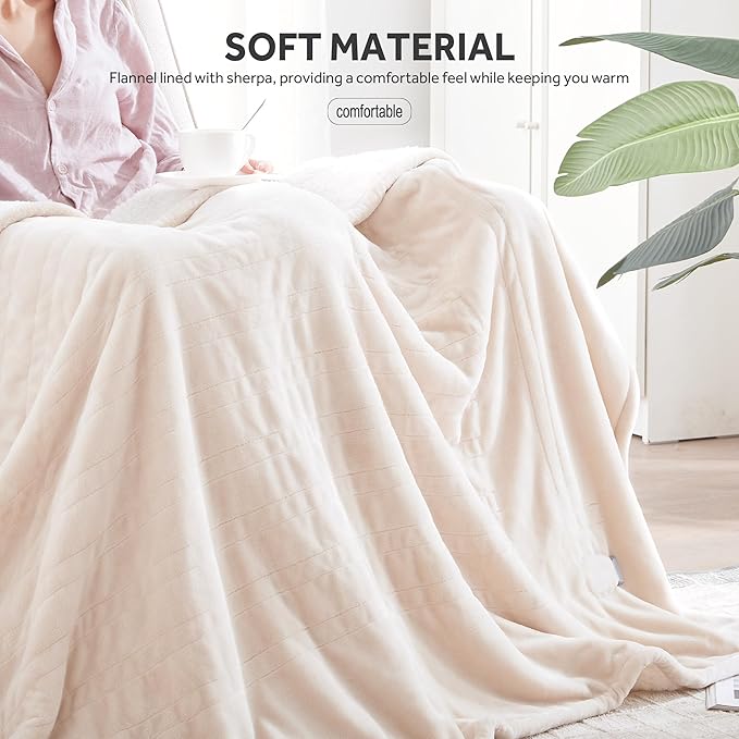 Heated Blanket Electric Throw Soft Flannel Sherpa, 6 Heat Levels Fast Heating, 2 to 10 Hours Auto-Off Detachable Controller Machine Washable, Beige 50"x60"