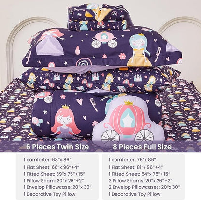 Mooreeke Twin Size Comforter Sets for Girls Kids, 6 Pieces Bed in a Bag Castle Princess Bedding Comforter Sheet Set with Shams and Decorative Toy Pillow, Ultral Soft Microfiber Kids Bed Set