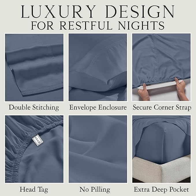 KARISSA MAE Cooling Bamboo Viscose Queen Size Sheet Set | 100% Organically Grown | 18” Deep Pocket | Silky, Soft, & Hypoallergenic | with Organizer Band & Elastic Corner Straps [Slate Blue]