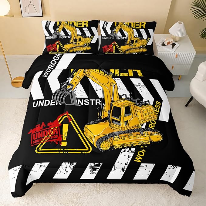 QOOMO Excavator Comforter King Size,Construction Truck Comforter Set for Kids Teens Boys Girls,3Pcs Bedding Set Printed Comforter with 2 Pillowcases,Soft and Lightweight(Black，King Size)