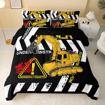 QOOMO Excavator Comforter King Size,Construction Truck Comforter Set for Kids Teens Boys Girls,3Pcs Bedding Set Printed Comforter with 2 Pillowcases,Soft and Lightweight(Black，King Size)