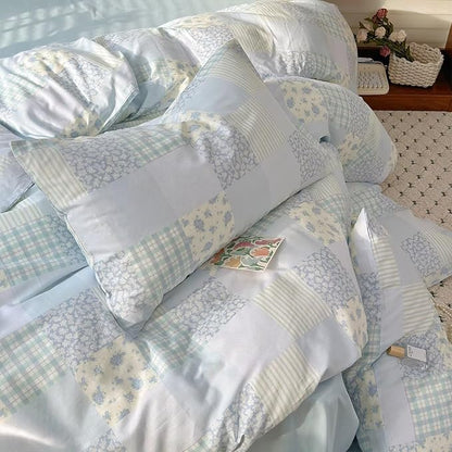 BuLuTu Luxury Muslin Cotton Duvet Cover Set Queen Size, Light Blue Striped Floral Duvet Covers Breathable Comfy Bedding Comforter Cover for Summer, Zipper Closure, Machine Wash