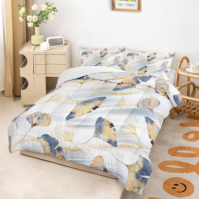 Golden Ginkgo Leaf Theme Comforter 3Pcs Full Watercolor Ginkgo Plant Leaves Bedding Set for Kid Teen Girl Boy Adult Nature Botanical Floral Quilt Bed Decor with 1 Comforter and 2 Pillowcases