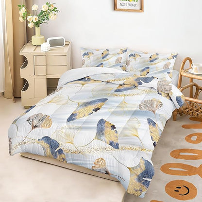 Golden Ginkgo Leaf Theme Comforter 3Pcs Full Watercolor Ginkgo Plant Leaves Bedding Set for Kid Teen Girl Boy Adult Nature Botanical Floral Quilt Bed Decor with 1 Comforter and 2 Pillowcases
