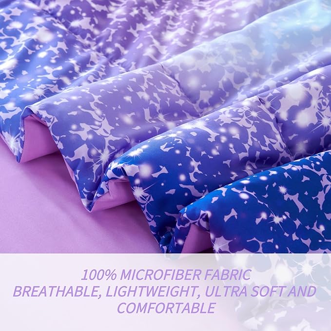 RYNGHIPY 6Pcs Girls Bedding Set Full Size Purple Rainbow Comforter Set for Kids Teens Girls Glitter Bed in a Bag Lightweight Fluffy