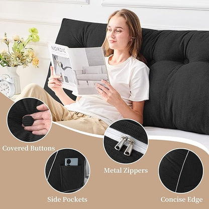 Sasttie Headboard Pillow Queen, Wedge Pillow Headboard for Sitting Up in Bed, Back-Rest Support Triangular Cushion for Reading - Features Removable Washable Cover, Black