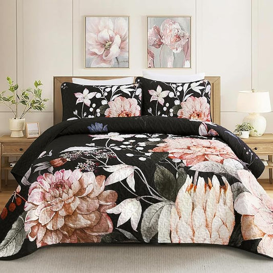 Drucon Floral Quilt Queen Size - 3 Pieces Black Quilt Botanical Bedspread Soft Lightweight Flower Bedding Set for All Season (96"x90")