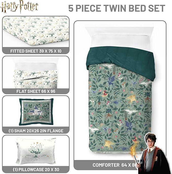Jay Franco Kids Comforter Set Includes Sheets and Pillow Covers - Soft and Cozy Bed Set for Stylish Room Decor, Official Licensed Product, Green - Harry Potter, 5 Piece Twin