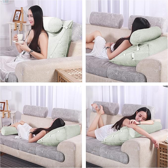 Adjustable Triangle Wedge Reading Pillow Neck Back Support Throw Pillow with Bolster for Sitting Up in Bed Daybed or on Sofa Reading Couch with Removable Linen Cover 24x8x20 Inch Off-White