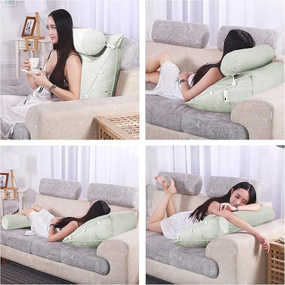 Adjustable Triangle Wedge Reading Pillow Neck Back Support Throw Pillow with Bolster for Sitting Up in Bed Daybed or on Sofa Reading Couch with Removable Linen Cover 24x8x20 Inch Off-White