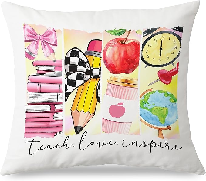Teacher Appreciation Gifts Pillow Covers 18x18, Back to School Gifts for Teachers, Teacher Gifts First Dat of School, Teach Love Inspire Coquette Pillow Covers for Teachers