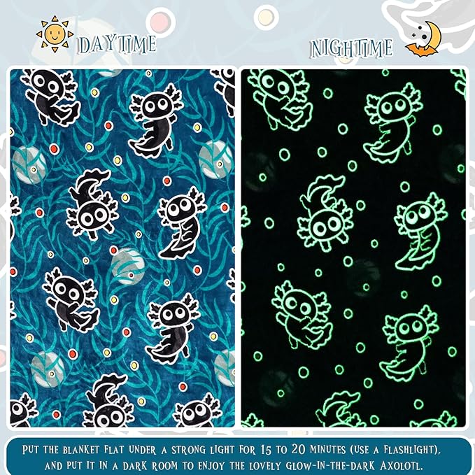 BORORO Twin Size Axolotl Throw Blanket for Bed & Couch - Glow in The Dark Blankets Black Axolotl Gifts for Boys & Women, Lightweight Blue Soft Salamander Throw for Bedroom Decor 60x80 inches