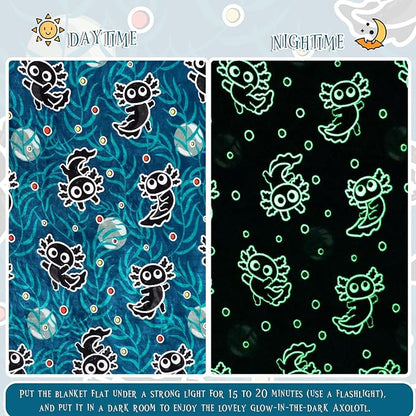 BORORO Glow in The Dark Axolotl Blanket - Black Axolotl Gifts Toys for Kids Boys Ages 3-12 Years Old Birthday, Lightweight Blue Soft Salamander Throw Blanket for Bed Couch Bedroom Decor 50x60 inches