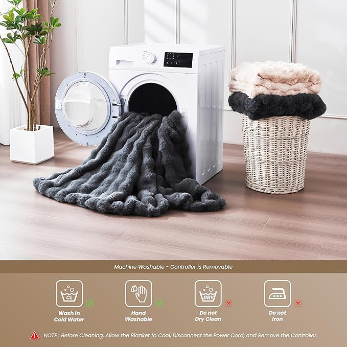 Heated Blanket Queen 84''x 90'', Fast Heating Electric Blanket Ultra-Soft Faux Rabbit Fur with 5 Heat Levels & 5H Auto Shut-Off, Overheat Protection, Machine Washable