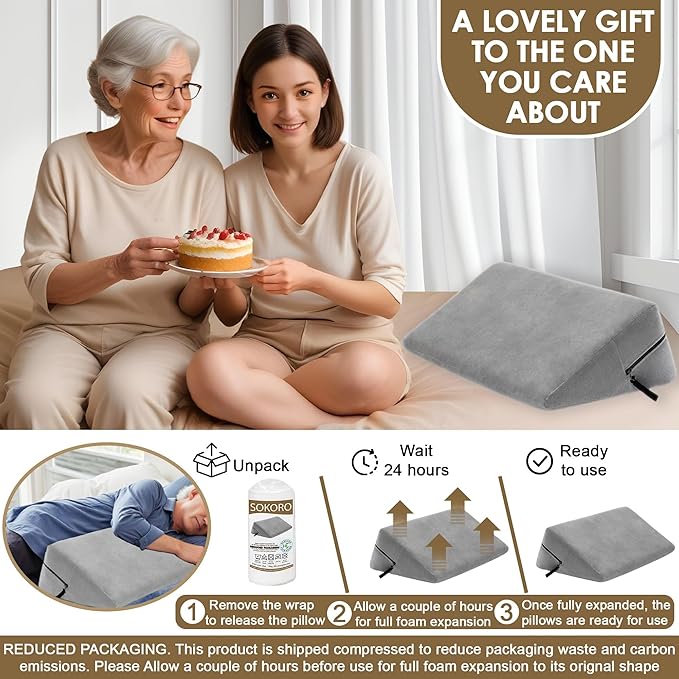 sokoro Bed Wedge Pillow for Sleep Apnea, GERD Acid Reflux Snoring Relief, Pregnancy Side Sleeper Pillow for Adults Seniors Neck Pain Back Sleeping, Leg Elevation Pillows for After Surgery Gifts, Grey