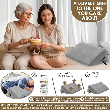 sokoro Bed Wedge Pillow for Sleep Apnea, GERD Acid Reflux Snoring Relief, Pregnancy Side Sleeper Pillow for Adults Seniors Neck Pain Back Sleeping, Leg Elevation Pillows for After Surgery Gifts, Grey