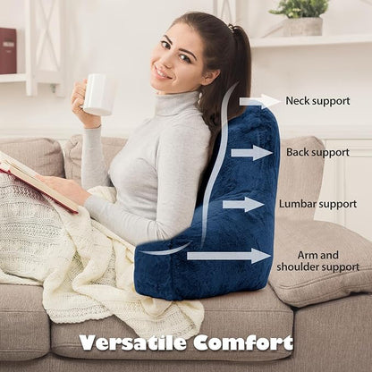 Reading Pillow for Sitting in Bed Adult, Standard Reading Pillow with Memory Foam, Back Pillow for Bed Sitting Up with Extend Arms, Blue