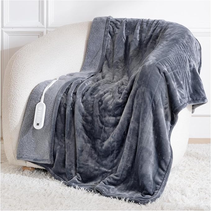 Heated Blanket Throw, Electric Blanket Soft Sherpa Flannel, 8 Hours Auto Shut-off & 8 Fast Heating Levels, Machine Washable ETL Certified, Heating Blanket for Bed & Sofa (50x60 inches, Gray)