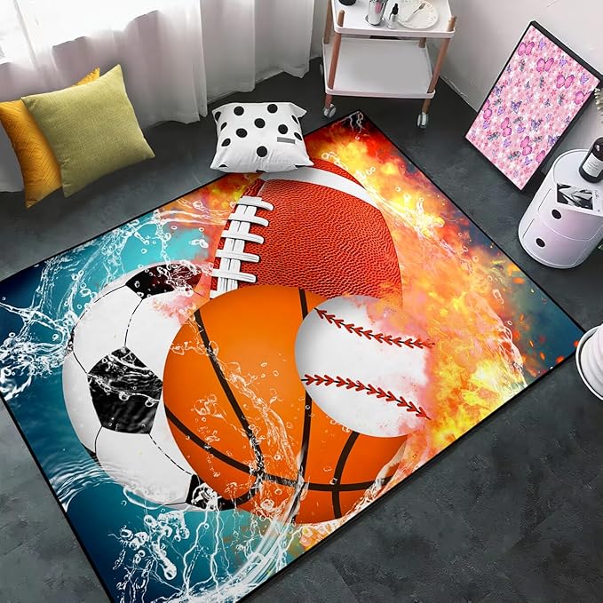 Basketball Rug for Boys Bedroom Kids Football Carpet Water Fire Sports Rugs for Boys Bedroom Baseball, Soccer Rug for Playroom Living Room Decor Sofa Mat, 2.5x4 Feet