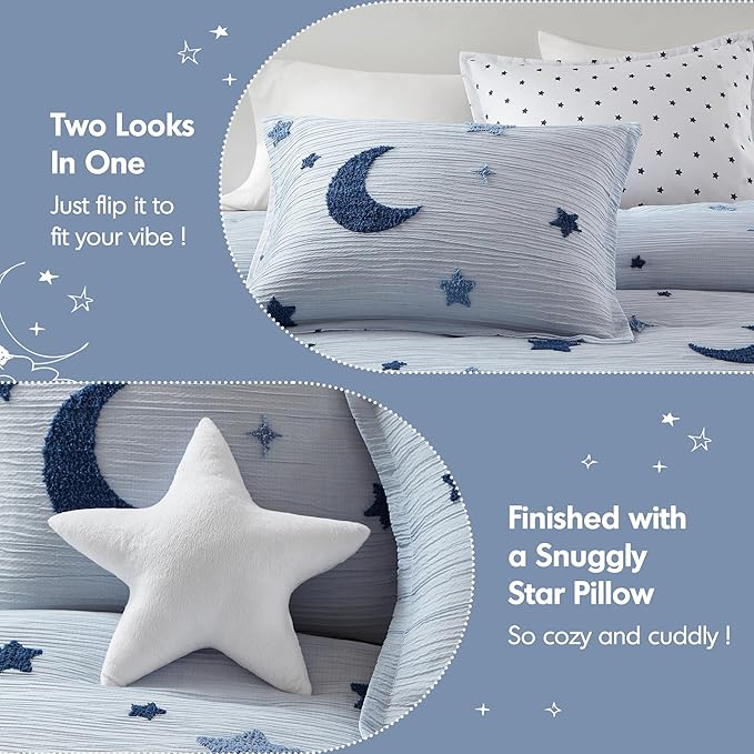 Intelligent Design Kids Cosmos Full Size Comforter Set – Blue Star and Moon Tufted Chenille, Reversible 4-Piece Bedding with Star Pillow, Full/Queen