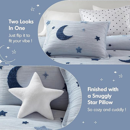 Intelligent Design Kids Cosmos Full Size Comforter Set – Blue Star and Moon Tufted Chenille, Reversible 4-Piece Bedding with Star Pillow, Full/Queen