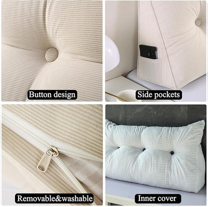SAMTY Husband headboard Pillow Large Back Rest Support Reading Pillows for Sitting in Bed for Adults Triangle Velvet Wedge Pillow headboard Queen Size, Beige
