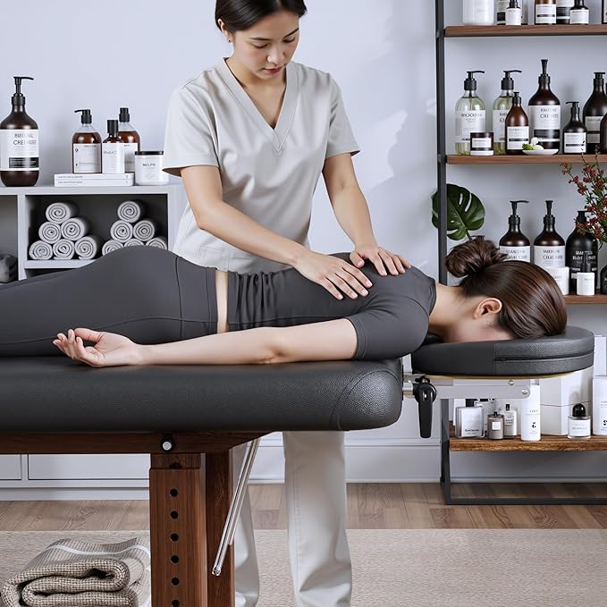 Olela Wood Adjustable Massage Table, Stationary Massage Tables with Adjustable Height Legs & Storage, Esthetician Bed with C-Shaped Pillow & PU Leather for Spa, Massage, Physical Therapy, Treatment