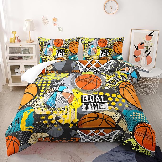 Basketball Bedding Set Full Size for Kids Teens and Adults Vibrant Basketball Game Printed Comforter Set for Bedroom Soft Microfiber Print Quilt Set with 1 Comforter and 2 Pillowcases
