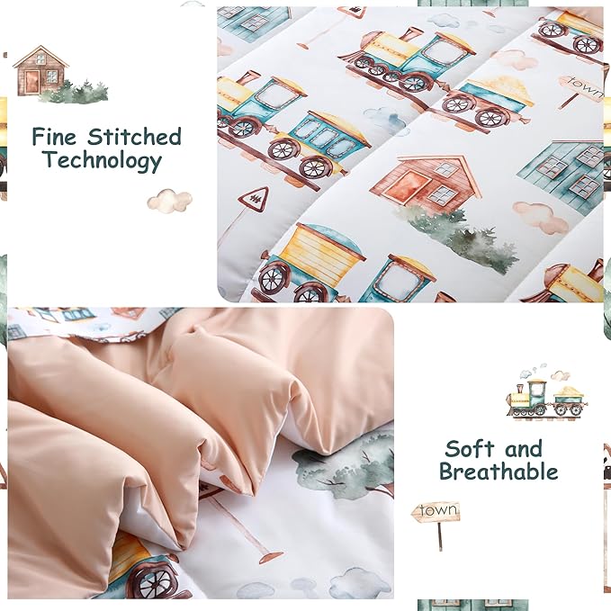 Mooreeke Kids Twin Comforter Sets for Boys 6 Pieces Train Bedding Set for Teens Microfiber Country Train Town Kids Bed in A Bag with Comforter, Sheet Set, Shams and Decorative Toy Pillow All Season