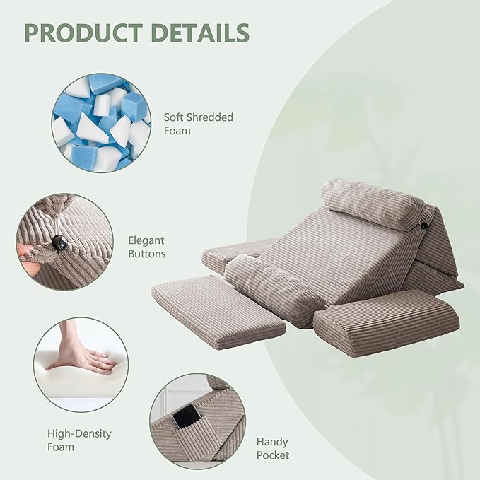 HIGOGOGO 10PCS Orthopedic Bed Wedge Pillow Set – Adjustable Soft Foam Body Positioners for After Surgery Recovery, Back & Leg Pain Relief, Sitting Up in Bed, Acid Reflux & GERD, Grey