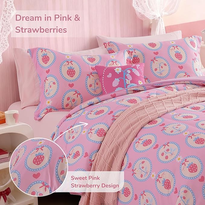 Twin Comforter Set for Girls-3 Pieces Pink Strawberry Twin Bedding Sets for Kids,1 Comforter,1 Sham and 1 Decor Pillow