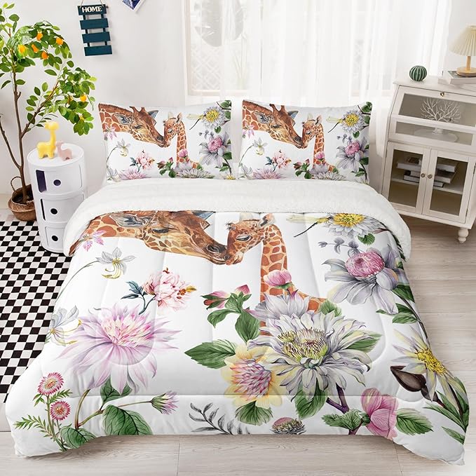QOOMO Cartoon Giraffe Sherpa Plush Comforter Set, Twin Size 3 Pieces Animals Bedding Sets, Ultra Soft Cozy Fleece Bedding Set,Cute Bed Sets for All Seasons with 1 Comforter 2 Pillowcases