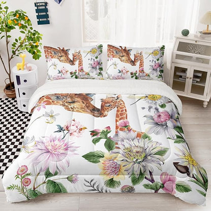 QOOMO Cartoon Giraffe Sherpa Plush Comforter Set, Twin Size 3 Pieces Animals Bedding Sets, Ultra Soft Cozy Fleece Bedding Set,Cute Bed Sets for All Seasons with 1 Comforter 2 Pillowcases