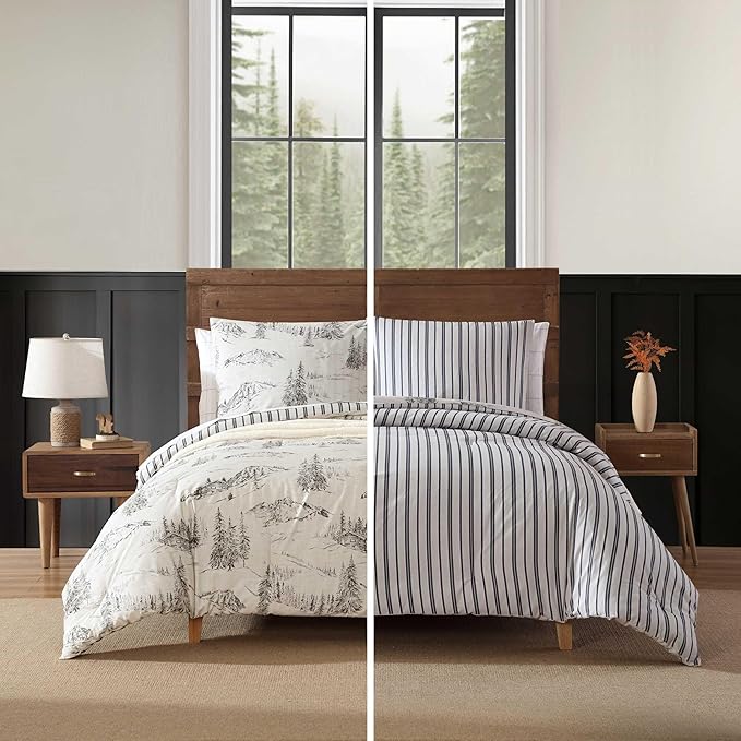 Eddie Bauer - Twin Comforter Set, Reversible Bedding with Matching Sham, Oeko-Tex Certified, Dorm Essentials (Rocky Mountain Cabin Grey)