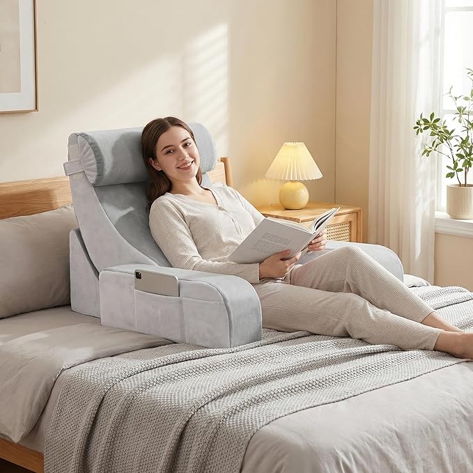 Reading Pillow for Sitting in Bed Adult, Back Support Pillow for Bed Sitting Up, Husband Pillow with Arms, Bed Pillow with Pocket for Reading/Gaming/Resting/Watching TV