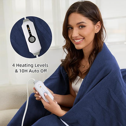 Electric Heated Blanket Full Size 72''x84'' Fleece Fabric Machine Washable Warm and Cozy, 4 Heating Levels & 10H Auto-Off, Dark Blue