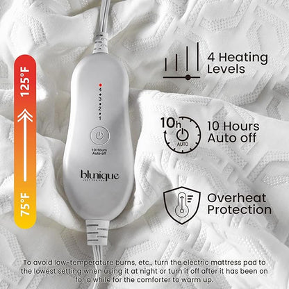 Electric Heated Mattress Pad King Size Dual Control Bed Warmer, Deep Pocket, Side Storage Pouch for Controller, Machine Washable, 3D Air Layer Fabric, 78"x80", White