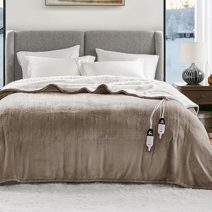 Degrees of Comfort Electric Heated Blanket Queen Size with Dual Control - Soft Flannel Heating Blankets with 6 Heat Settings, Auto Shut-Off, Overheat Protection, ETL Certified - 84x90'', Mocha