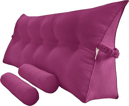 Triangular Reading Bed Rest Pillow Large Bolster Cushion Headboard Backrest Wedge Pillow with Two Detachable Roll Pillows for Neck & Lumbar Support (Magenta, Queen: 59 x 8 x 20 inches)