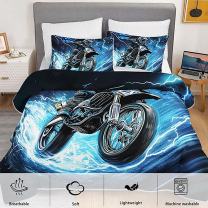 Blue Motorcycle Racing Motocross Rider Quilt Bedding Full 3Pcs Extreme Sport Flag Bed Set Thunder Lightning Pattern Bedspread Coverlet with 2 Pillowcases for Kid Boy Girl Teen Adult Room Decor