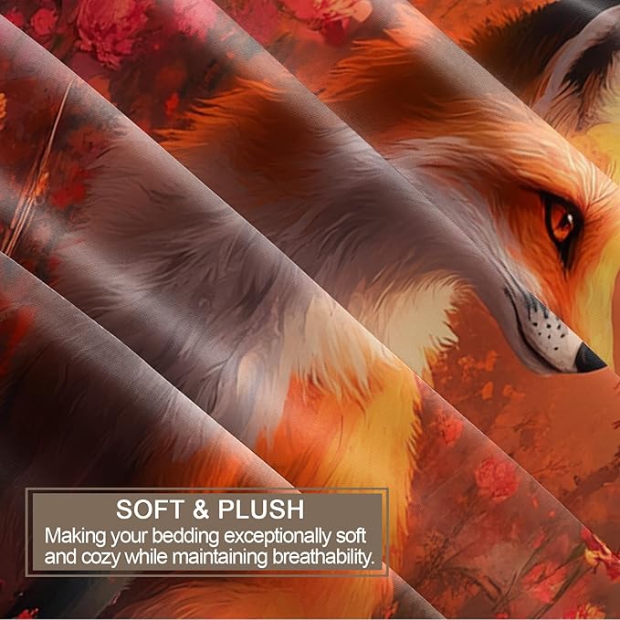 Red Fox Duvet Cover Twin Beautiful Wild Fox Bedding Set 2 Piece for Kids Bedroom Fantasy Decorative Comforter Cover with Zipper Ties & 1 Pillowcases