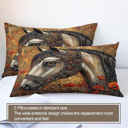 Horse Duvet Cover Queen Size, Ancient Warhorses Bedding Set 3 Piece Bedroom Decor Red Poppy and Horse Comforter Cover and 2 Pillow Sham with Zipper Closure