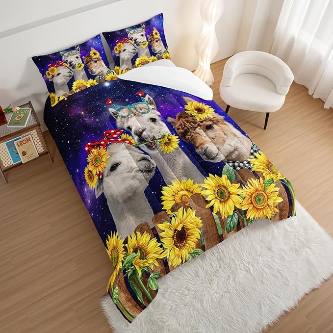 HOSIMA Funny Llama Comforter Set,Alpacas Bedding Sets Animal Theme Room Decor.Soft Microfiber Star Galaxy Sunflower Bed in a Bag King Size Comforter Set for Boys Girls Teens Dorm Room Essentials.