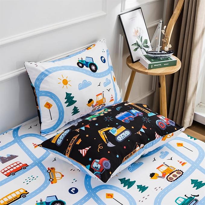 Holawakaka Trucks Tractors Cars Boy Bedding Comforter Set with Sheets, Full Size Cartoon Construction Car Excavator Print Kids Bed in A Bag 5-Piece, Boys Reversible Dorm Bed Sets (Black Full)