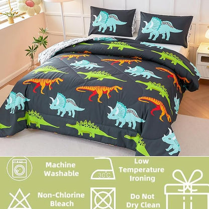 RYNGHIPY Dinosaur Bedding Set - Queen Size Comforter Set for Boys & Girls - Soft, Breathable, Cute Dinosaur Bed Set for All Season (Black, Queen)