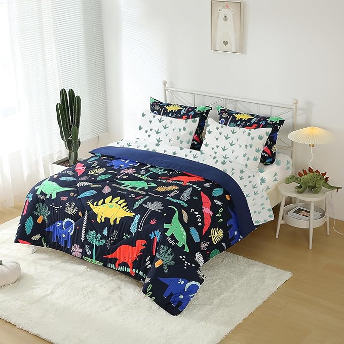 Dinosaur Comforter Set Twin for Kids Boys Teens 7 Piece Bed in a Bag Cartoon Colorful Dino 3D Print Bedding Set with Sheet