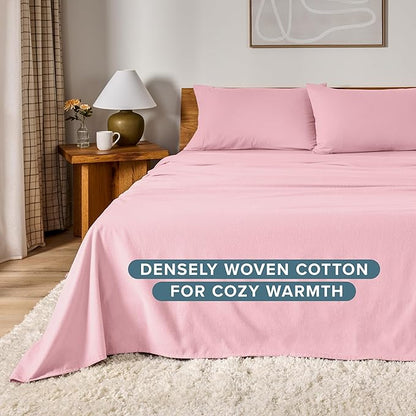 Bare Home Flannel Sheet Set 100% Cotton, Velvety Soft Heavyweight - Double Brushed Flannel - Deep Pocket (Twin, Light Pink)